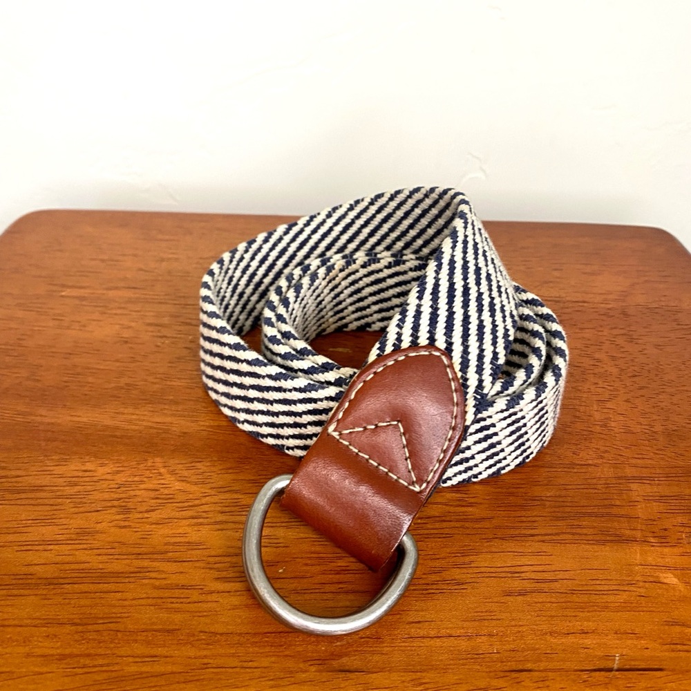 J. Crew Navy and White Braided Small 30/33 Cotton Belt Nautical Brown Leather D